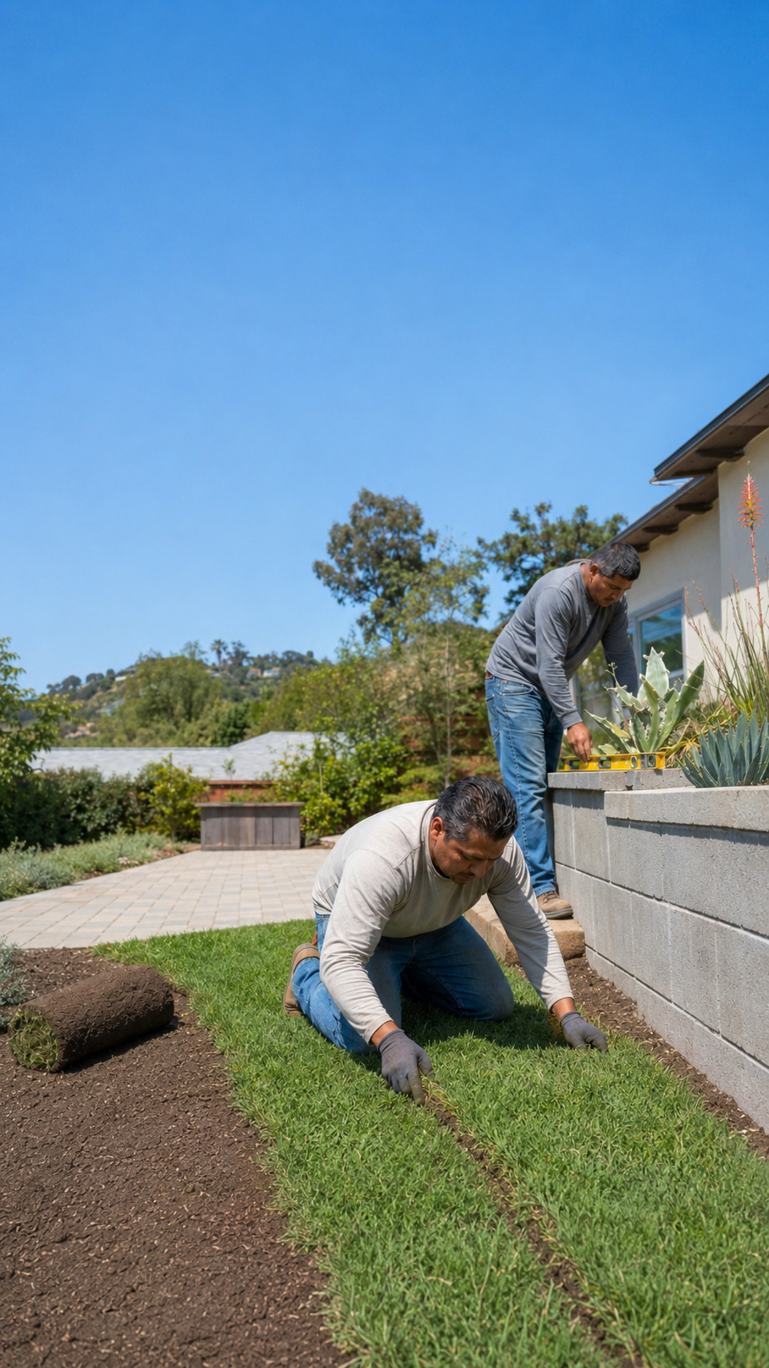 Landscapers installing sod alongside a masonry planter wall in a Los Angeles yard