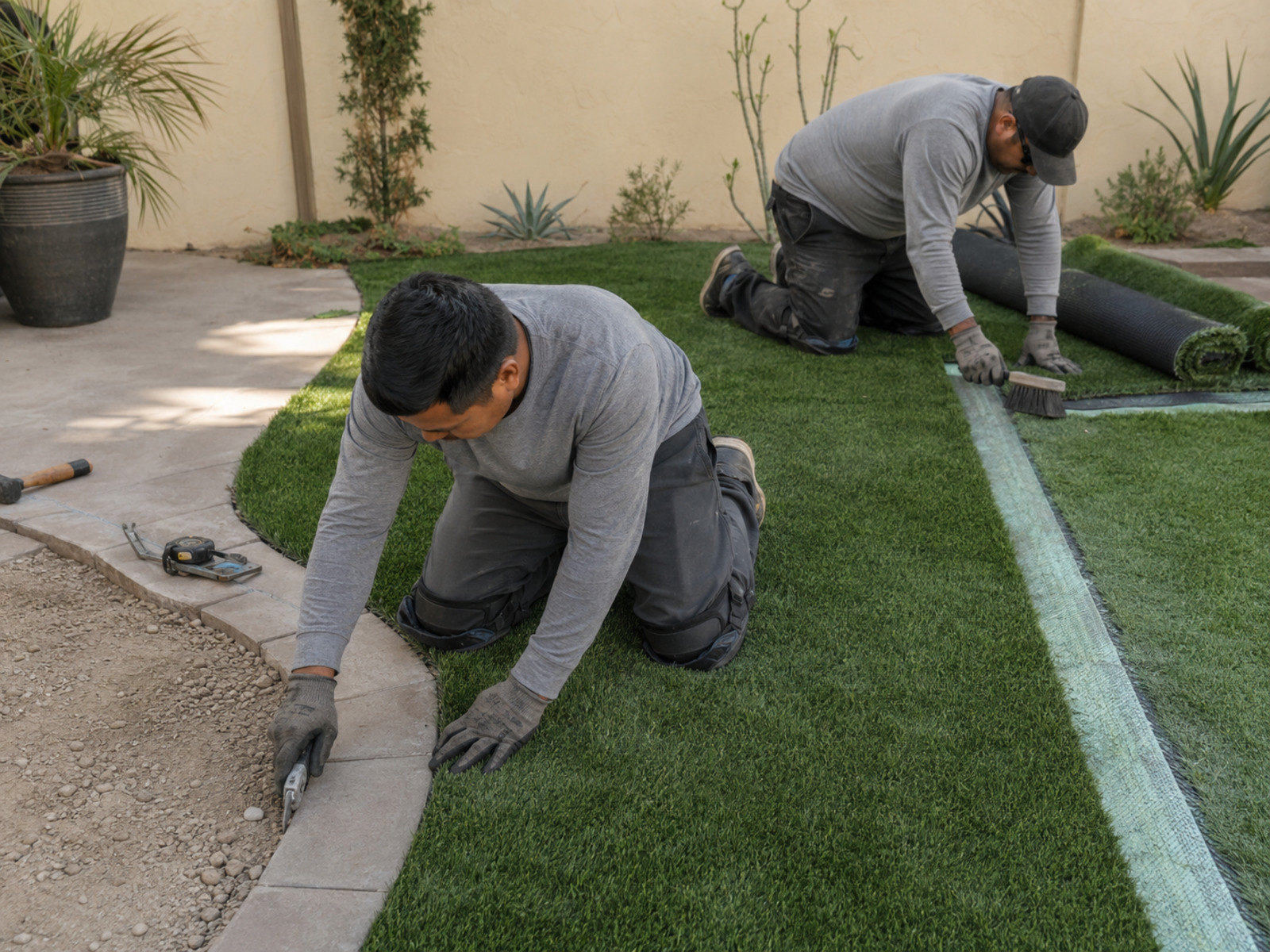 Installers fitting artificial turf around a curved paver edge