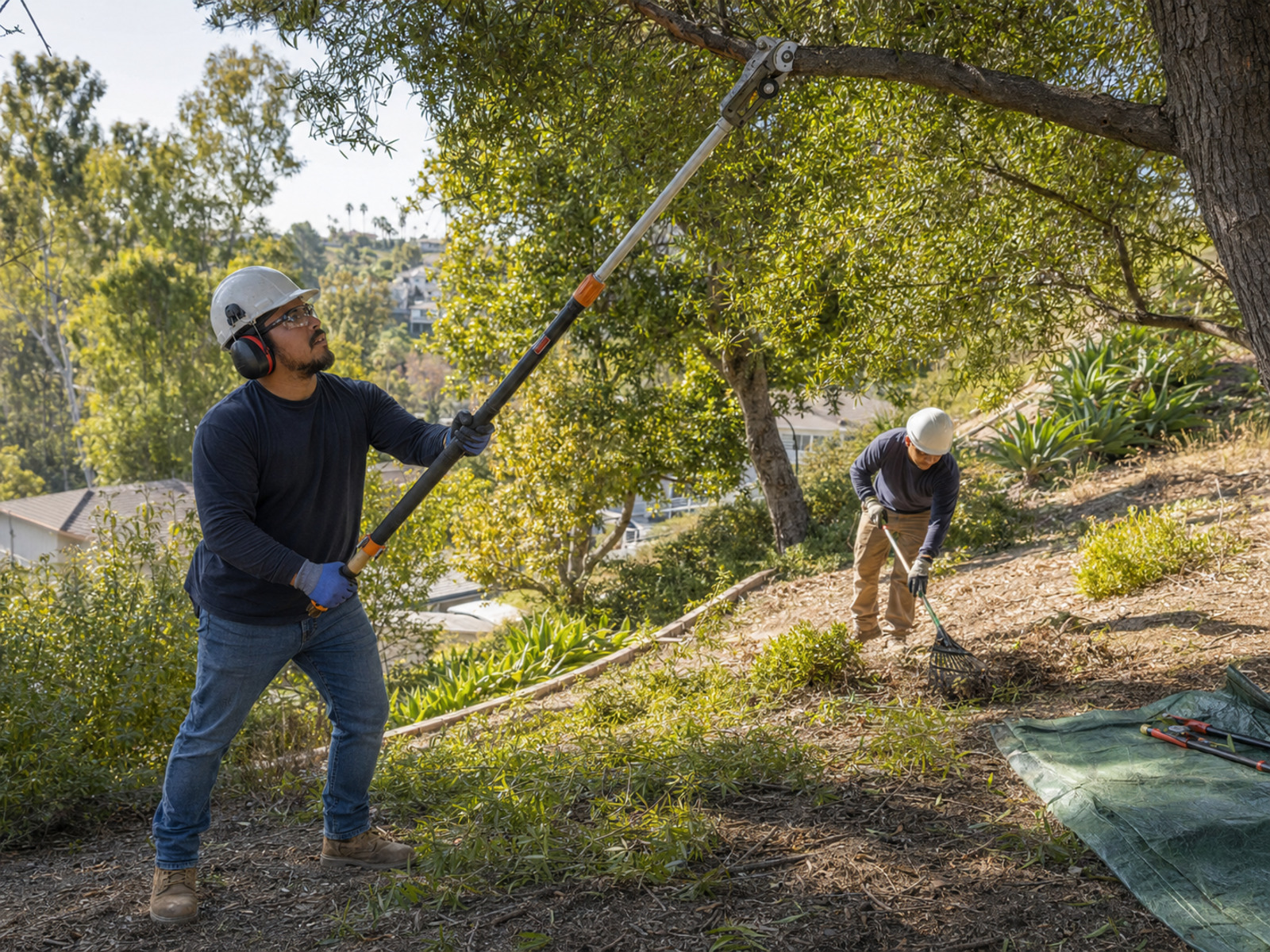 Crew trimming a tree and raking debris on a hillside