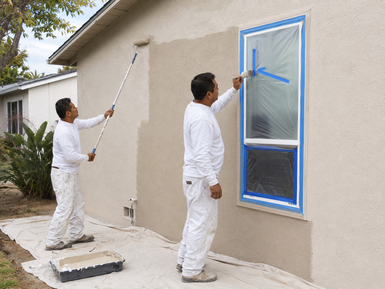 Painters rolling fresh paint on a stucco exterior wall