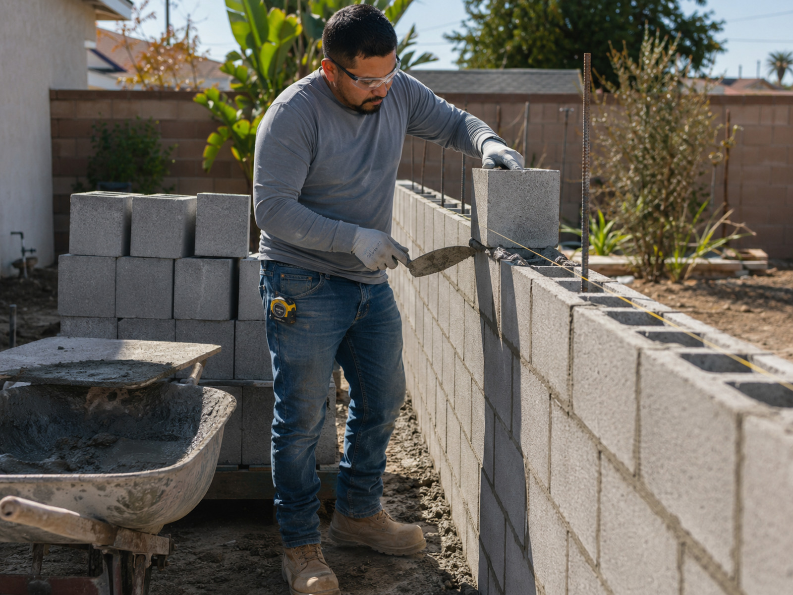 Masons leveling a block retaining wall in a residential yard